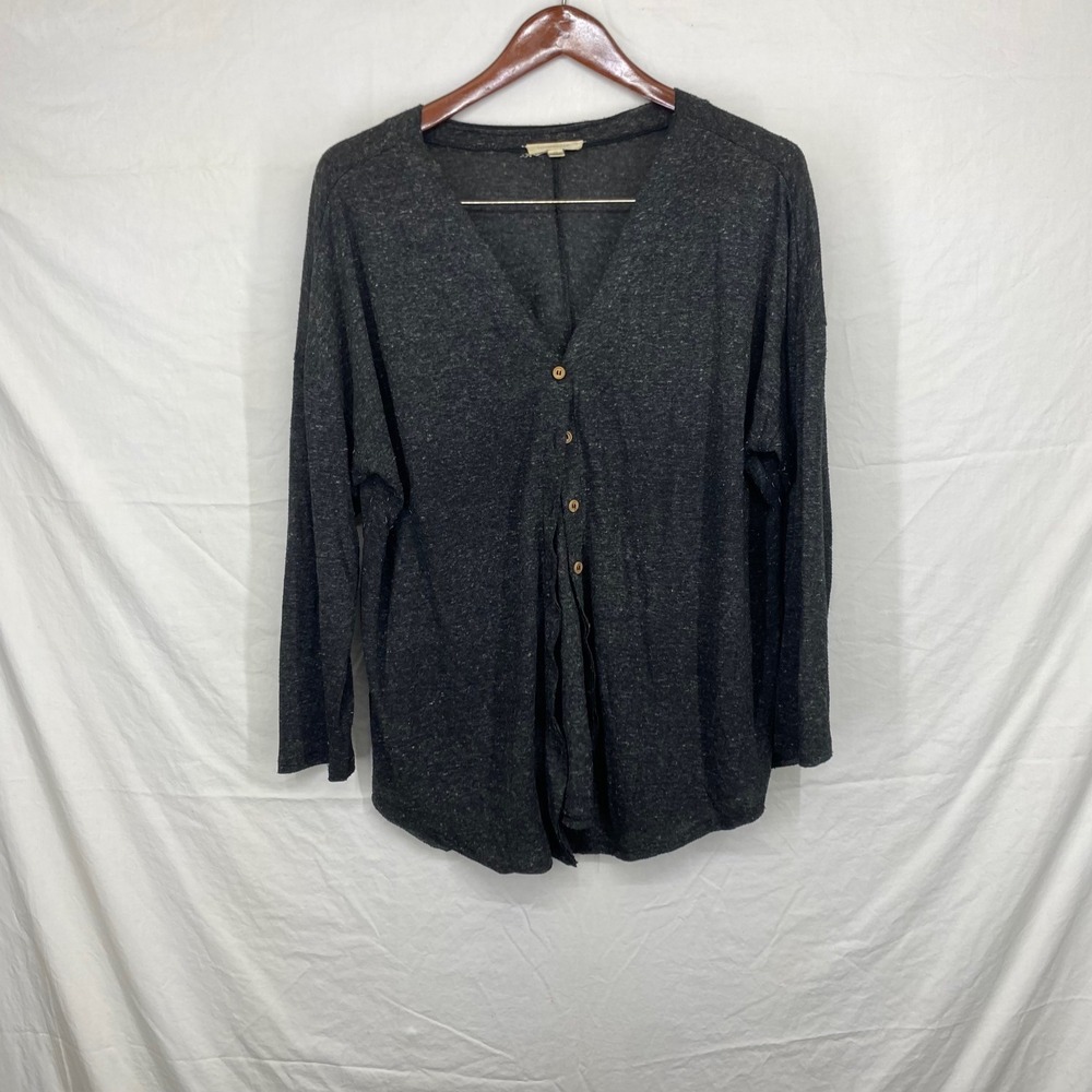 Loralette Womens 1X Charcoal Gray Marl Button Front Long Sleeve V-Neck Top
